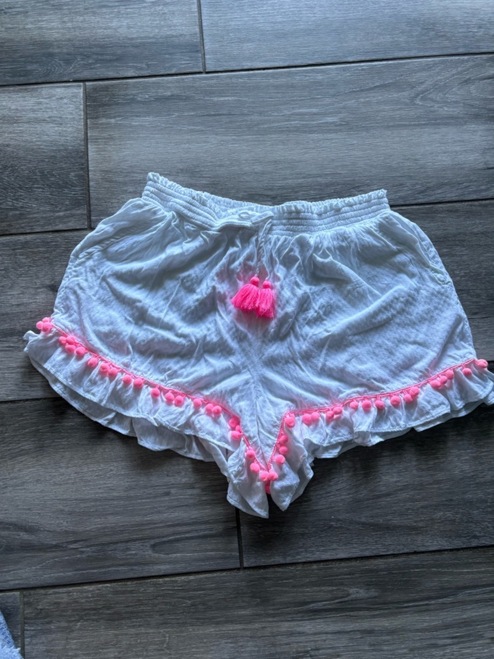 White Women’s Pom-Pom Shorts with Pink Trim & Tassel